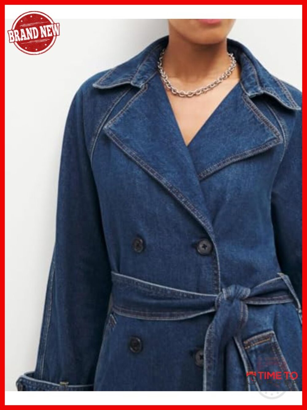 Women's Denim Trench Coat Double Breasted Midi Jacket with Belt Cotton Blend - Picture 2 of 6